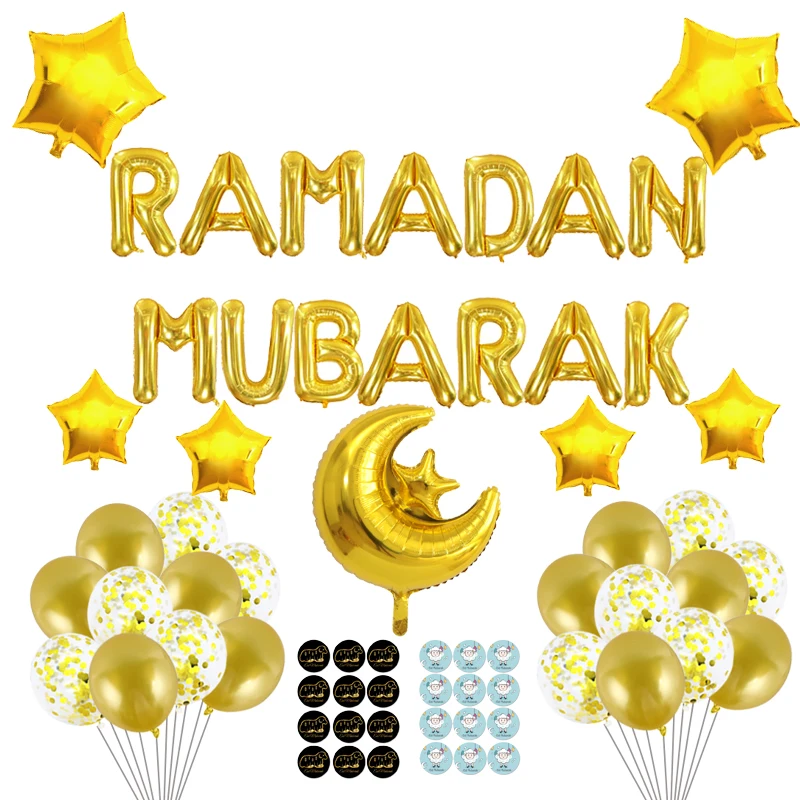 43pcs/Set Ramadan Mubarak Dekoráció Latex Konfetti Csillag Léggömb Eid Al Adha Matricák Eid Mubarak Dekoráció Léggömb Kellékek