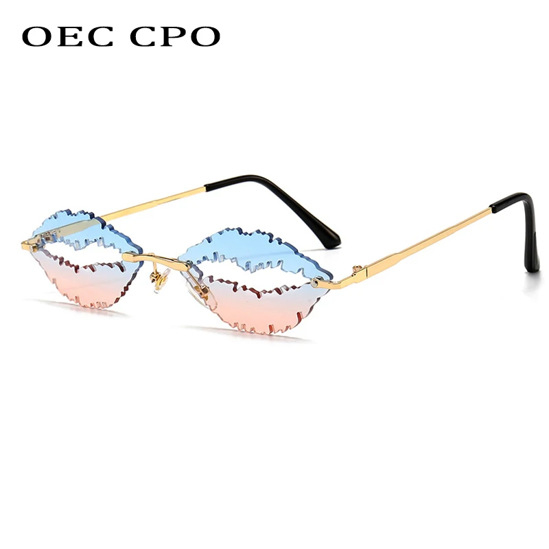 OEC CPO Divat Keret nélküli Napszemüveg Nők Egyedi Ajkak Alakú Szemüveg Kristály Óceán Lencse napszemüvegek Férfi Árnyalatok UV400 Oculos O728