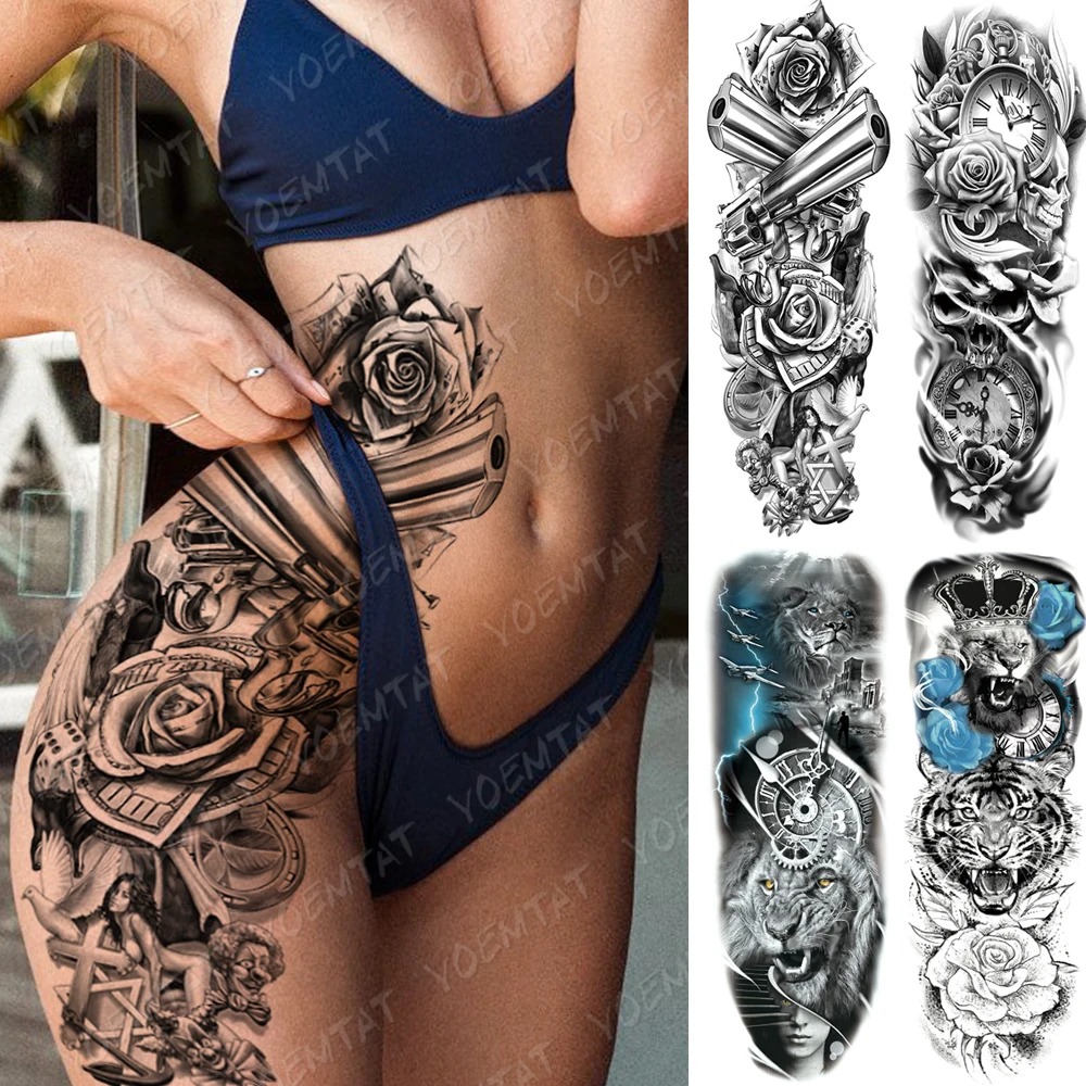 Nagy Kar Hüvely Tetoválás Fegyvert Rose Oroszlán Vízálló Ideiglenes Tatto Matrica Óra Virág, Derék, Láb Body Art, Tele Hamis Tetoválás A Nők