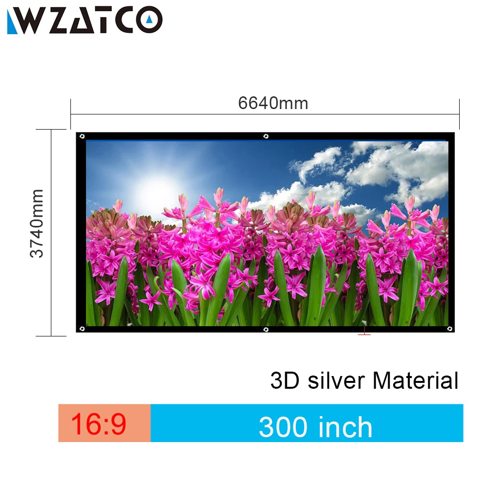 WZATCO Magas Minőségű, Nagy Méretű Képernyő 300 inch 16:9 3D Ezüst kivetítőn Szövet Fűzőlyukak Könnyű Telepítés Ingyenes szállítás