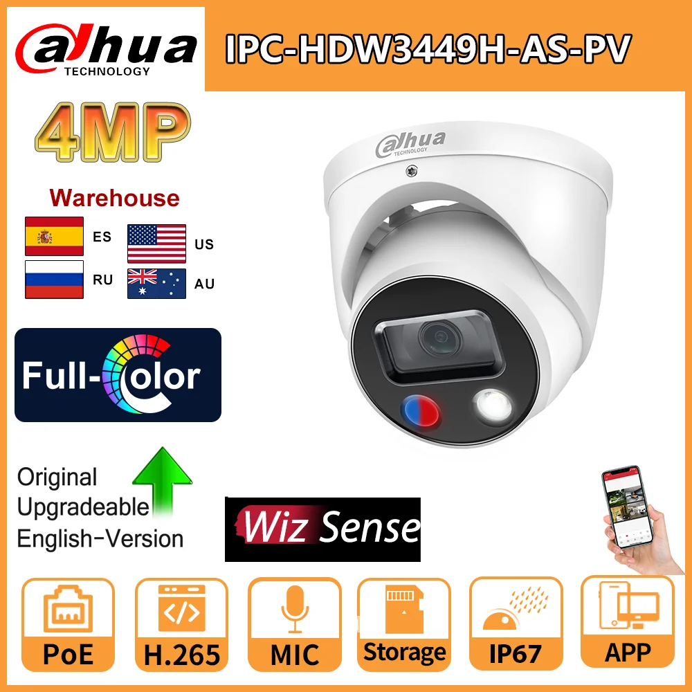 Dahua IP Kamera 4MP Színes IPC-HDW3449H-MINT-PV Beépített Mikrofon pedig Spearker 2 irányú Audió SD Kártya Slot Lámpa Riasztó WizSense