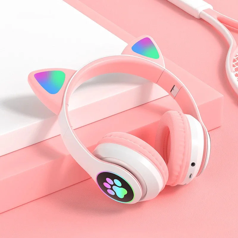 Villogó LED Aranyos Macska Füle Fejhallgató, Bluetooth, Vezeték nélküli Fülhallgató Mikrofon, TF, FM Gyerek Lány Sztereó Zene Fülbe Cica Earphon Ajándék