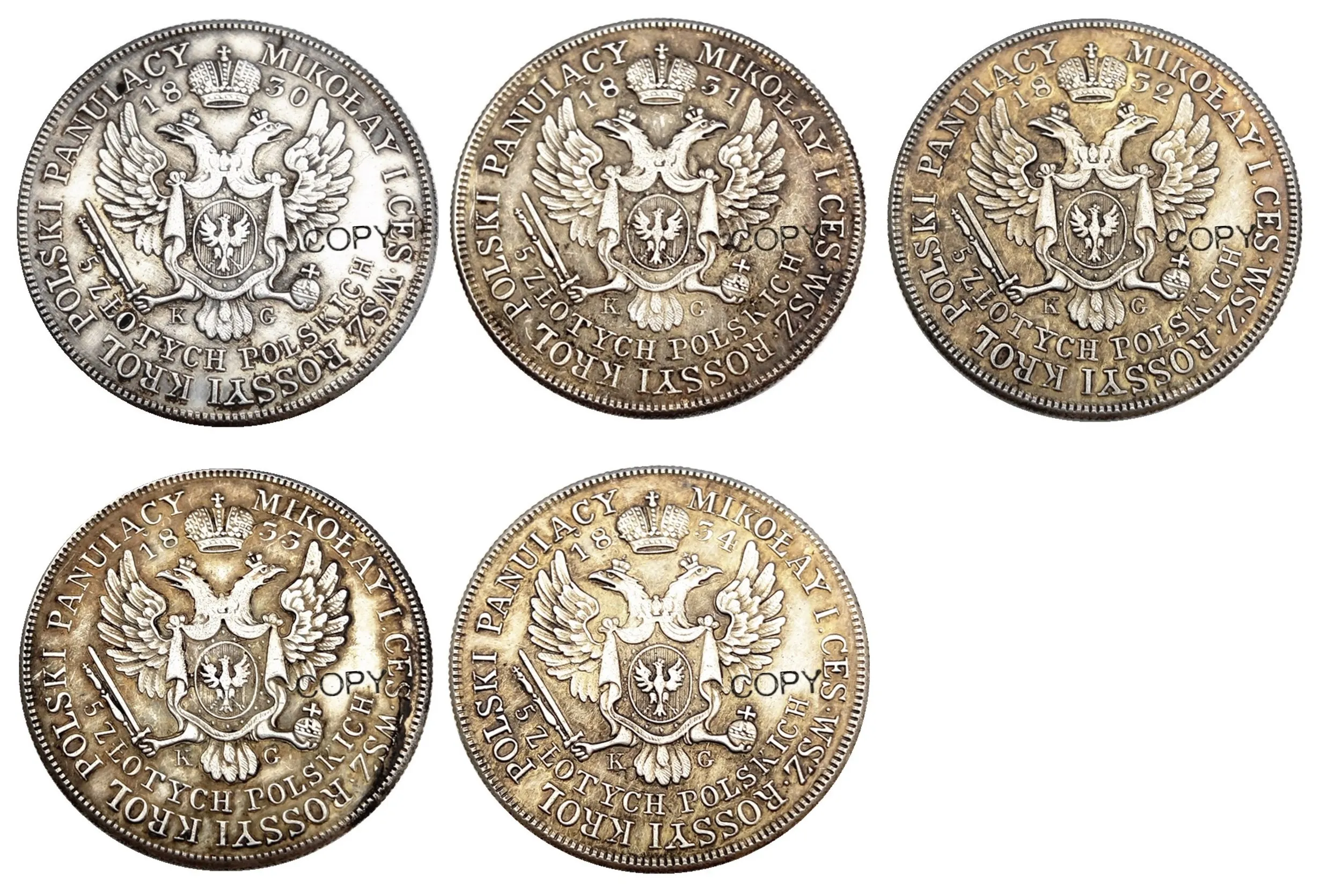 Lengyelország Egy sor(1830-1834) 5db 5 Zlotych Ezüst Bevonatú Érmék Másolat