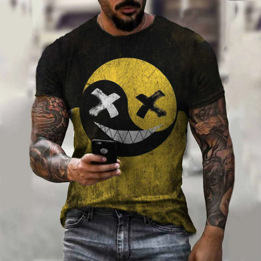 A férfiak 3D nyomtatott póló, vicces smiley hip-hop nyomtatott rövid ujjú póló túlméretezett utcai sport lélegző új stílus 2021