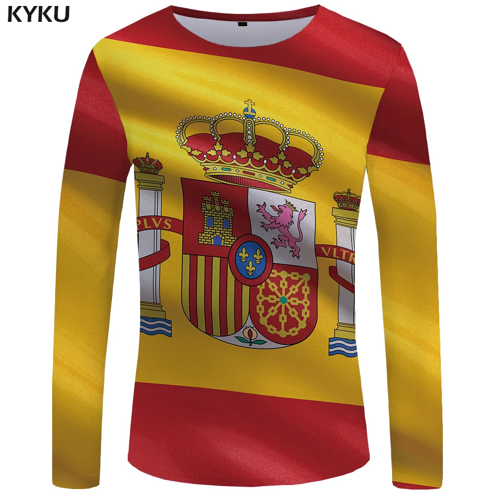 KYKU Spanyolország Hosszú ujjú póló spanyol Zászló Tshirt Vicces pólók Póló Ruha Ruha a Férfiak Nyomtatás Menő Férfi Új