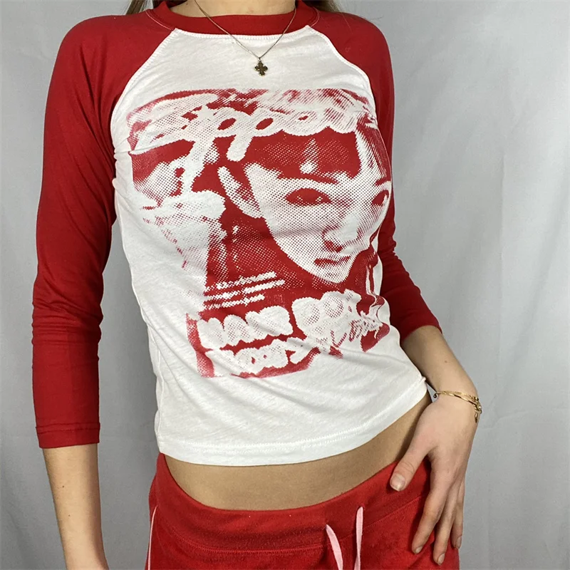 90-es Slim Fit Y2K Póló, Felső 2021 Nők Harajuku Hosszú Ujjú Arcát, Portré, Grafika Nyomtatása Tunikák Streetwear póló
