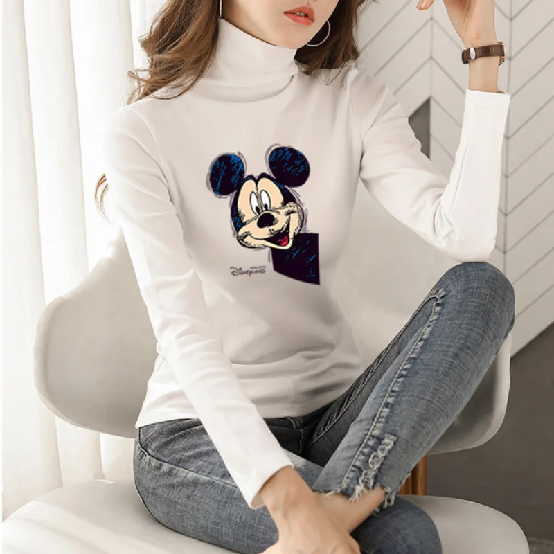 Disney Mickey Egér Alapvető Hosszú Ujjú Női Tshirt Alkalmi Fekete-Fehér Garbó Póló Női ruházat Divat koreai Póló Y2K