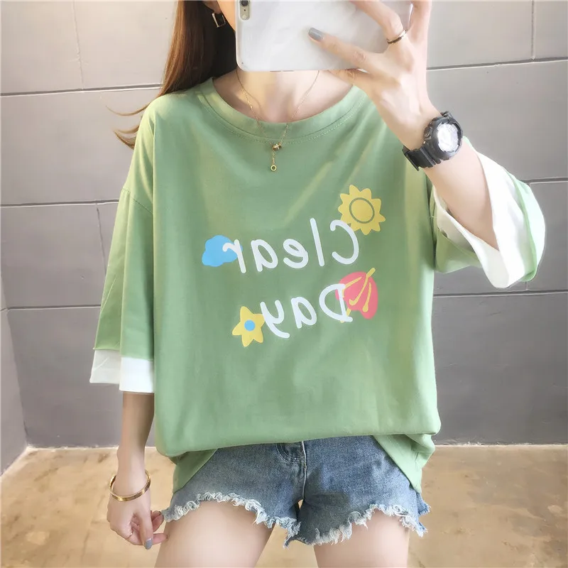 koreai stílusú Póló nyári Női Rövid Ujjú Alkalmi levél nyomtatott pólók lányok nagy méretű tshirt Laza pamut streetwear maximum