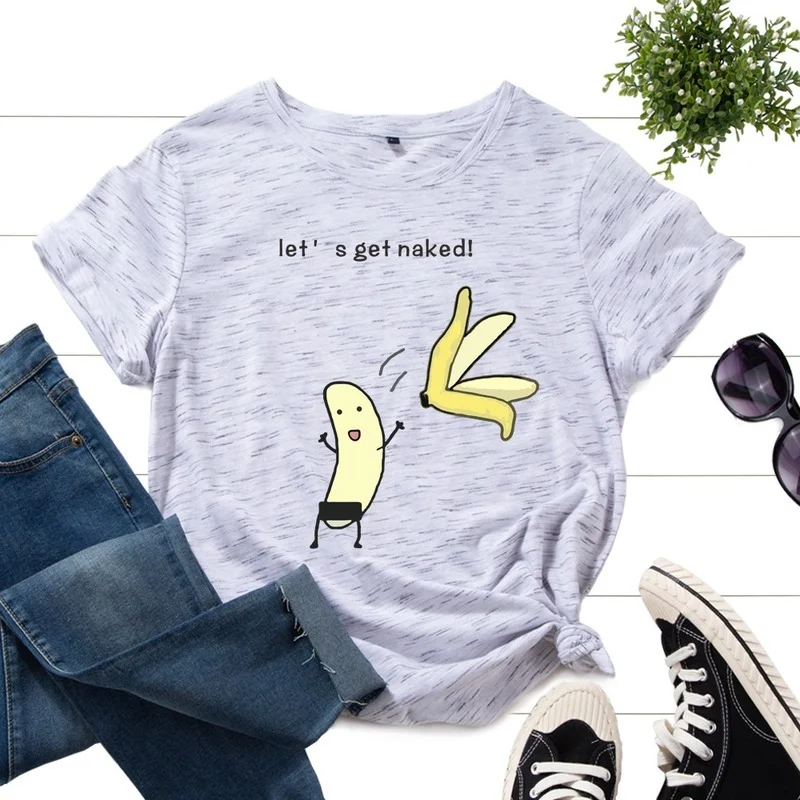 Női T-shirt Nyári Rövid Ujjú Pamut 100% - Os Alkalmi Ing Vicces Banán Nyomtatás Laza Női Divat Ruhák Női O-Nyakú Póló Felső