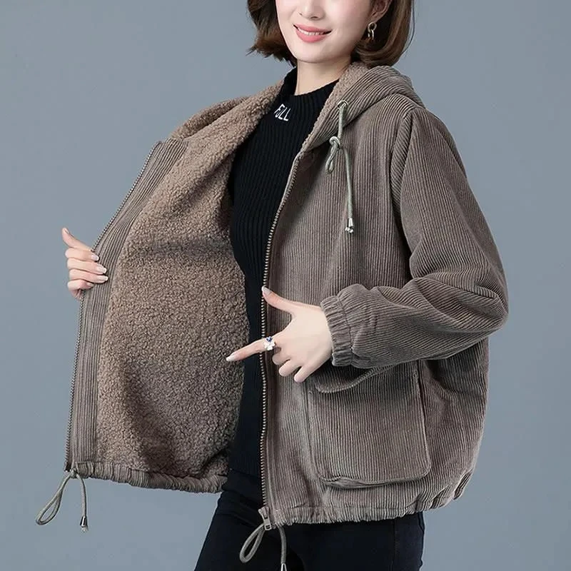 Kord Bársony Kabát Női Rövid Cipzár Megvastagodott Meleg Clothingautumn Téli Bélelt Kabátok Új Koreai Laza Női Kabátok