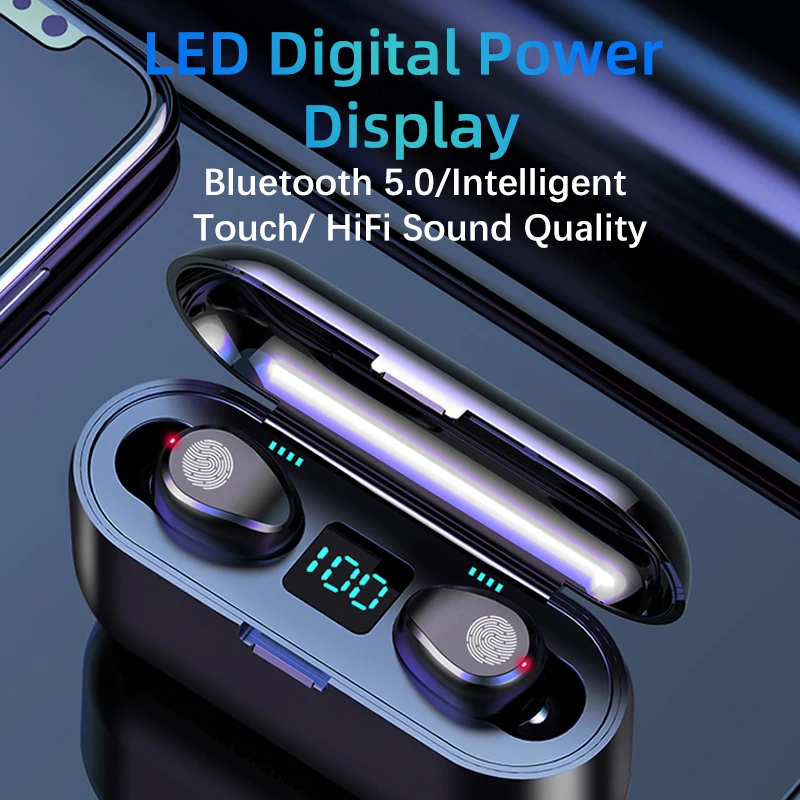F9 TWS Fülhallgató 5.0 Bluetooth Fülhallgató Mikrofon Kihangosító Vezeték nélküli Fülhallgató In-Ear A 2600mah Töltés Doboz Xiaomi