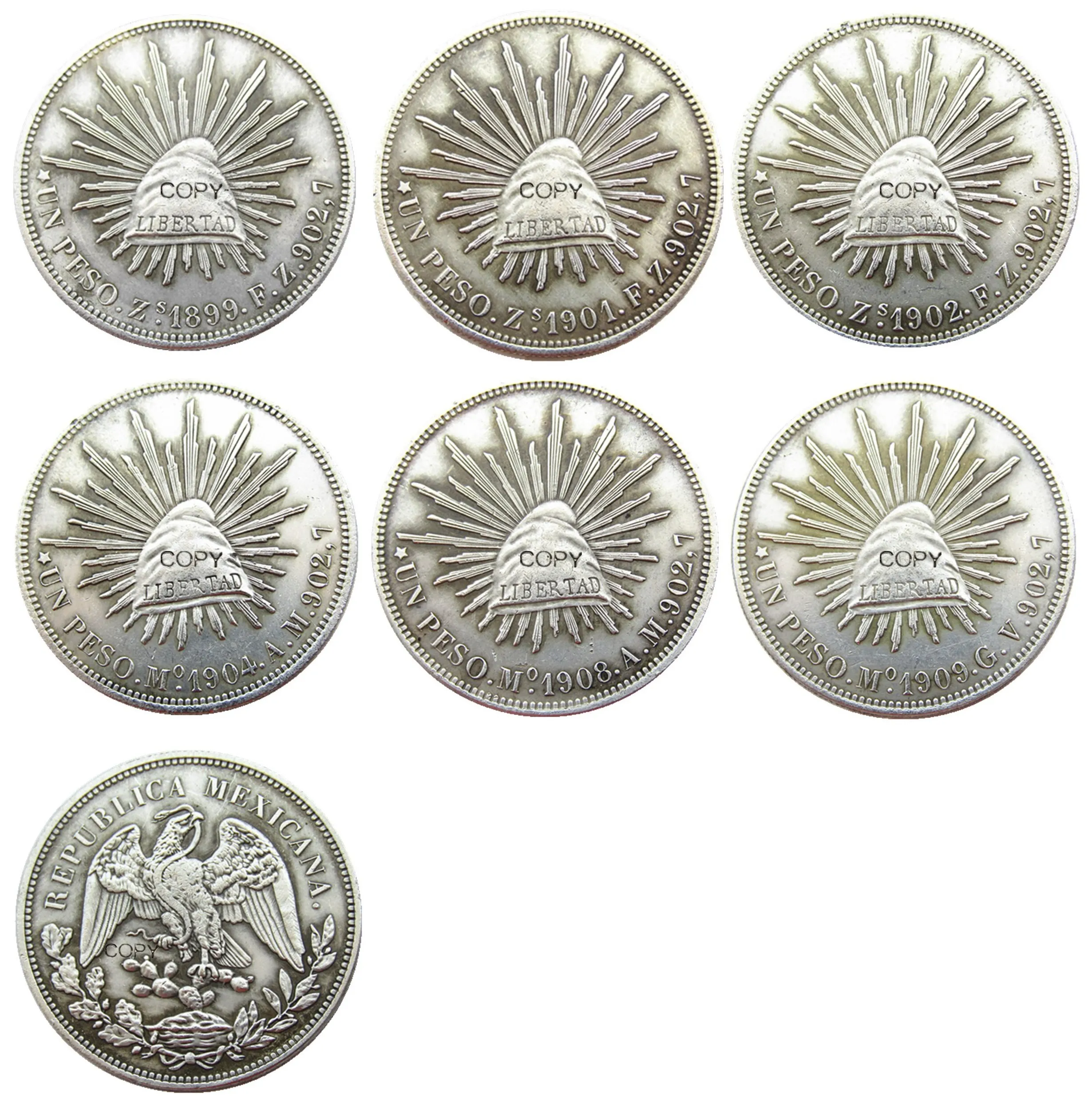 Mexikó 1 Peso 1899 1901 1902 1904 1908 1909 Ezüst Bevonatú Másolás Érmék